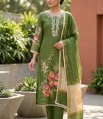 Mahendi color beautiful and ethnic partywear cotton linen simmer fabric suit