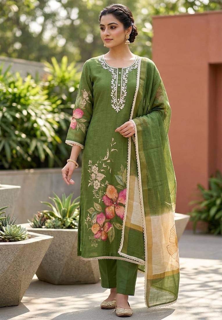 Mahendi color beautiful and ethnic partywear cotton linen simmer fabric suit