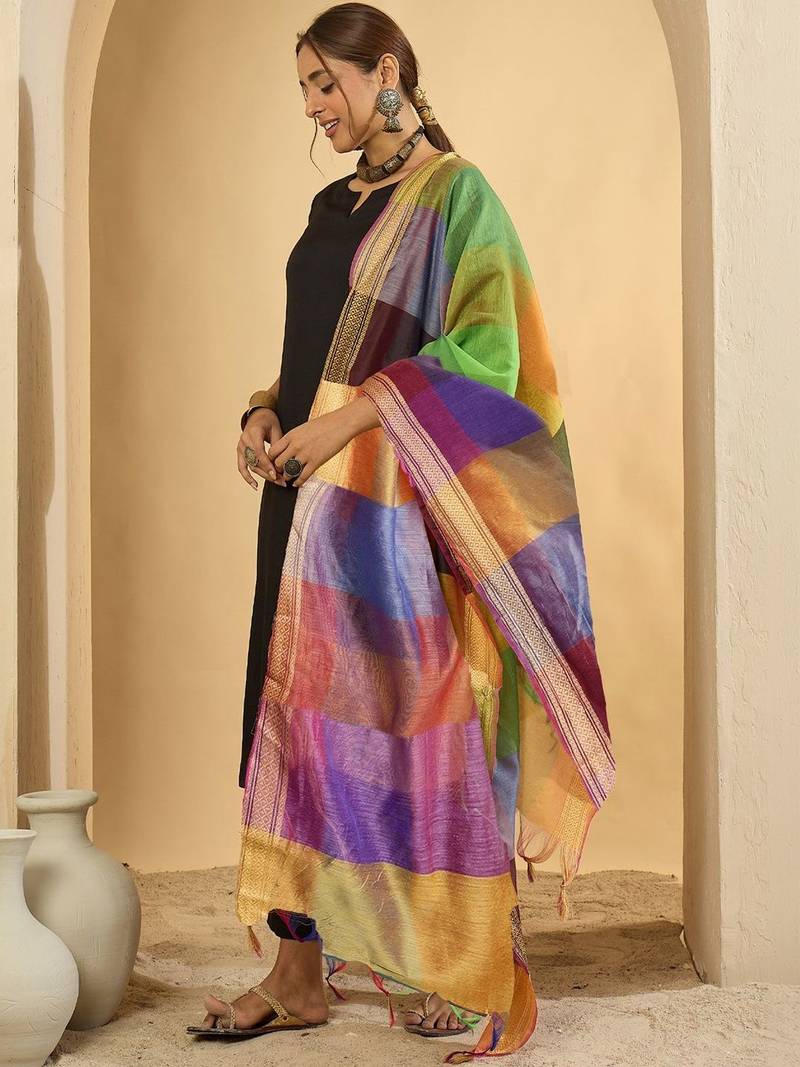 Black women regular kurta with trousers & with dupatta
