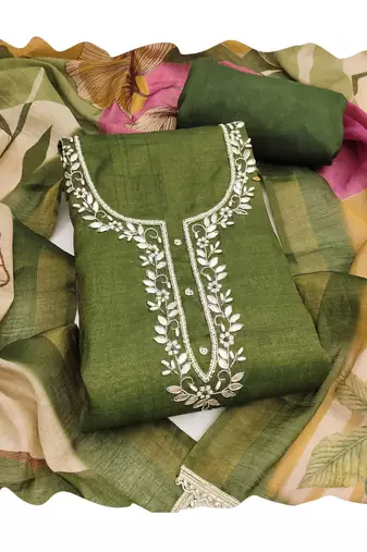Mahendi color beautiful and ethnic partywear cotton linen simmer fabric suit
