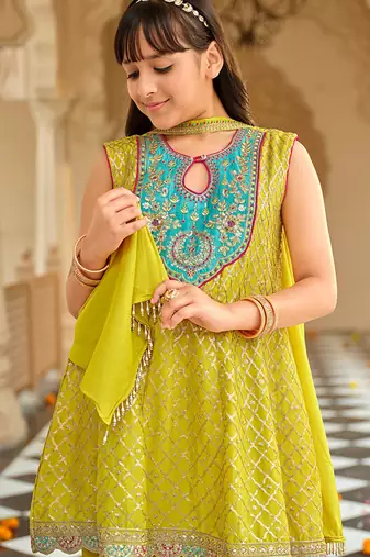 Green chinon with embroidery