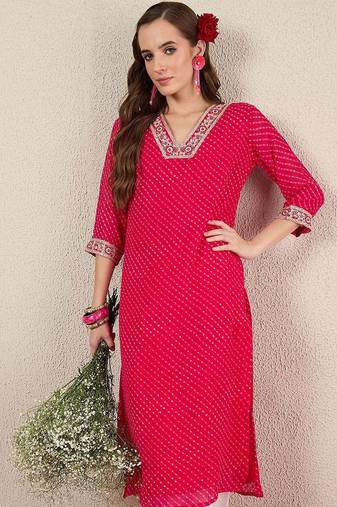 Pink women leheriya printed thread work straight kurta