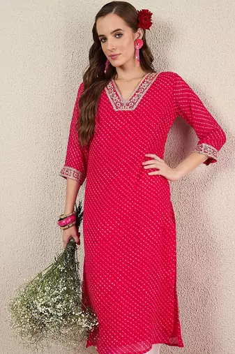 Pink women leheriya printed thread work straight kurta