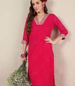 Pink women leheriya printed thread work straight kurta