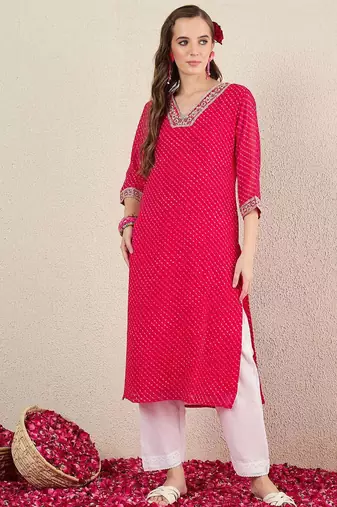 Pink women leheriya printed thread work straight kurta