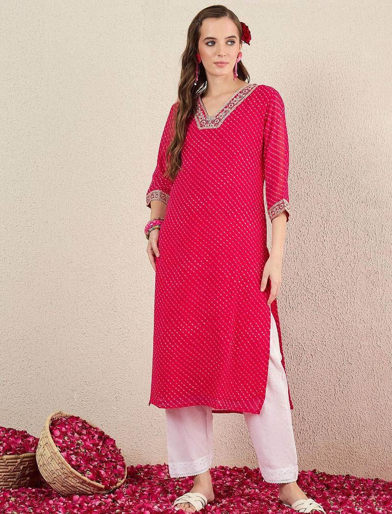 Pink women leheriya printed thread work straight kurta
