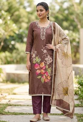 Brown color beautiful and ethnic partywear cotton linen simmer fabric suit 1