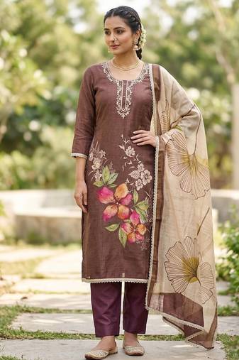 Brown color beautiful and ethnic partywear cotton linen simmer fabric suit