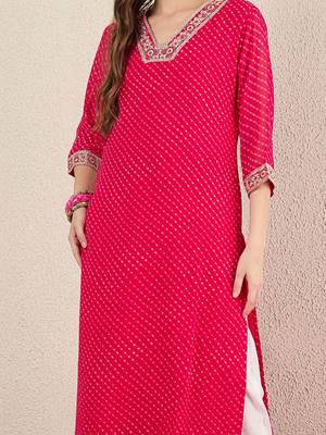 Pink women leheriya printed thread work straight kurta 3