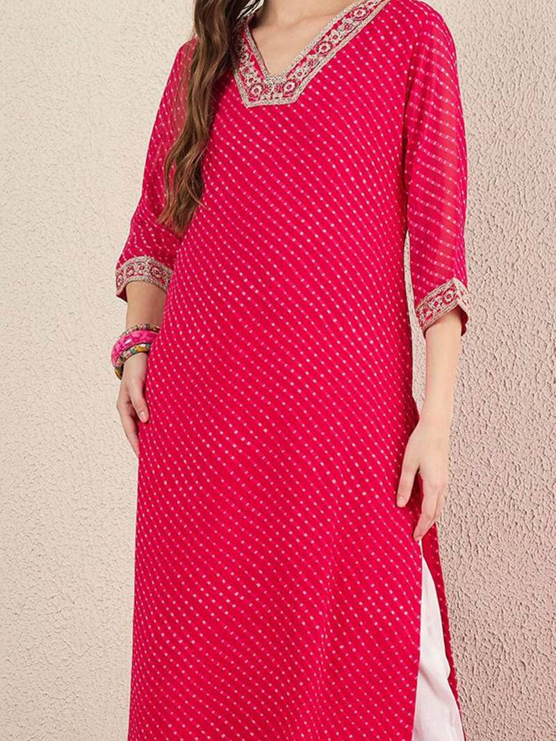 Pink women leheriya printed thread work straight kurta