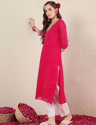 Pink women leheriya printed thread work straight kurta 4