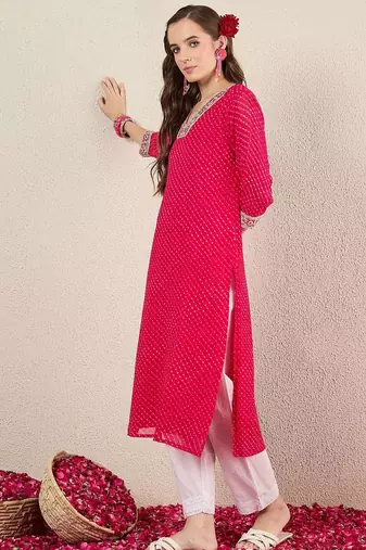 Pink women leheriya printed thread work straight kurta