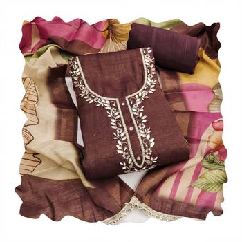 Brown color beautiful and ethnic partywear cotton linen simmer fabric suit 2
