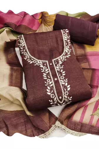 Brown color beautiful and ethnic partywear cotton linen simmer fabric suit