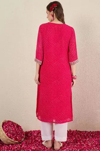 Pink women leheriya printed thread work straight kurta