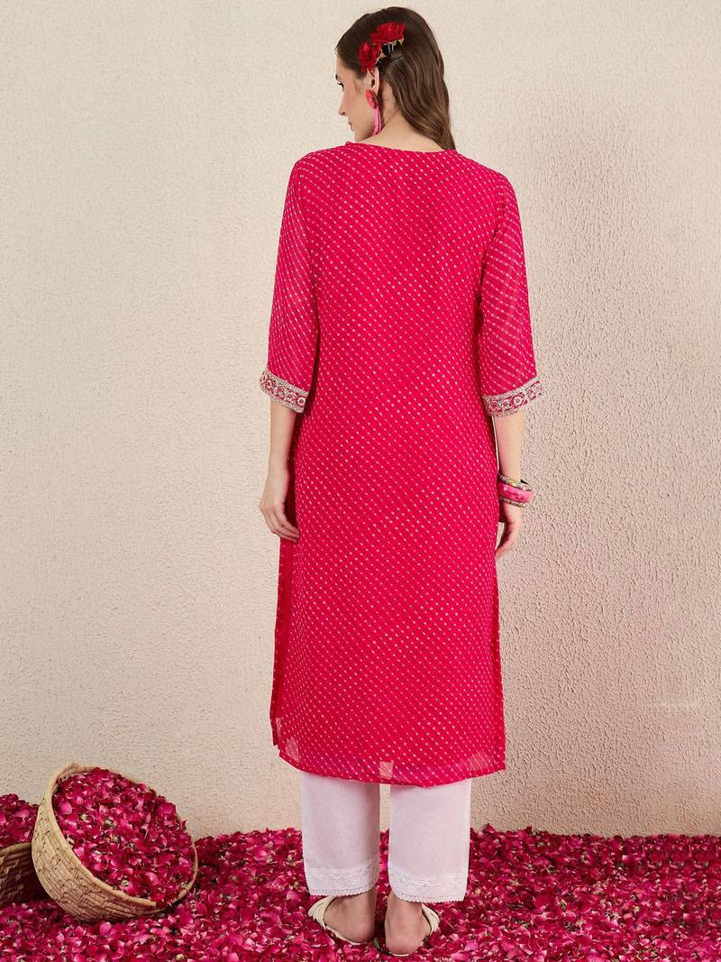 Pink women leheriya printed thread work straight kurta