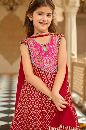 Red chinon with embroidery
