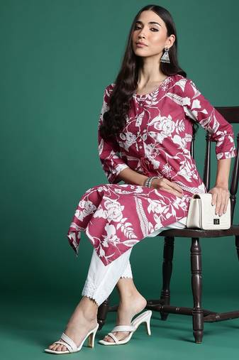 Pink floral printed pure cotton kurta