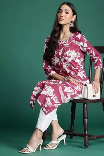 Pink floral printed pure cotton kurta