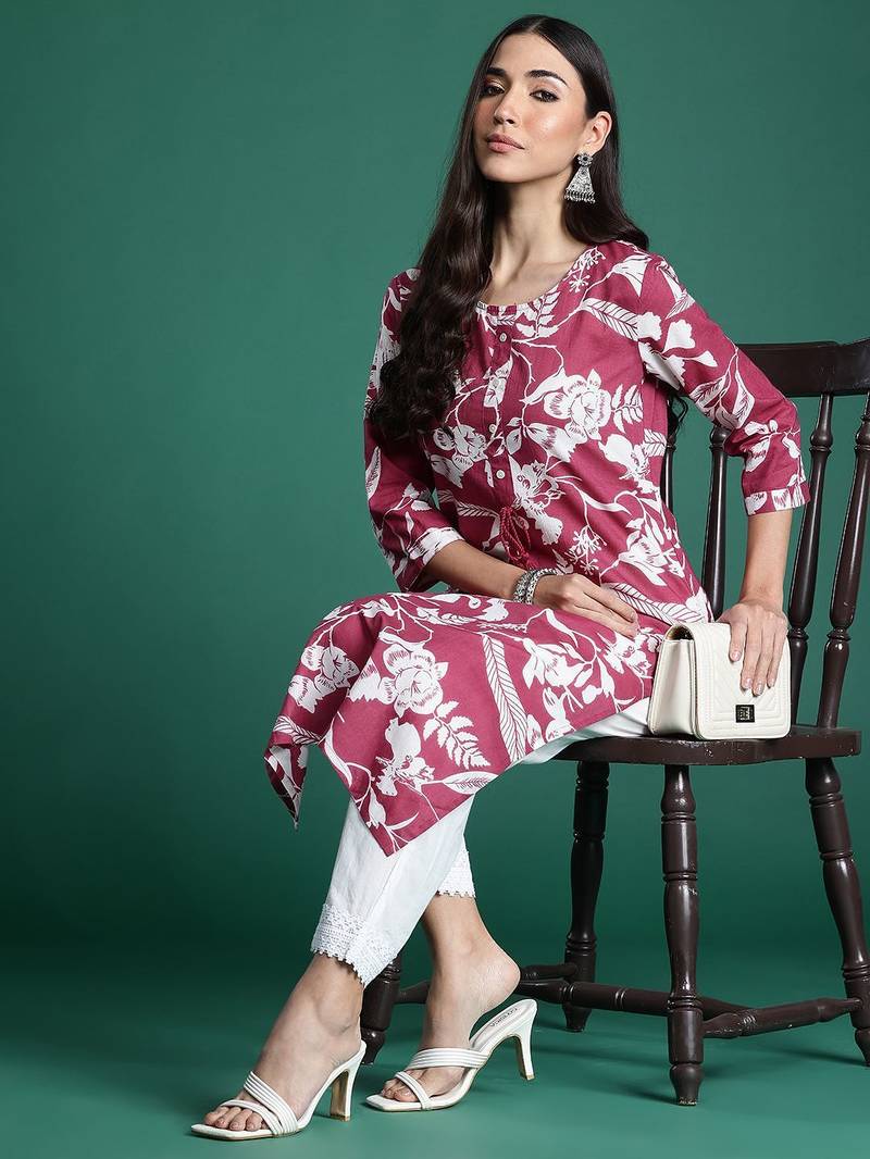 Pink floral printed pure cotton kurta
