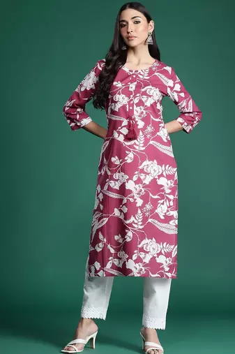 Pink floral printed pure cotton kurta