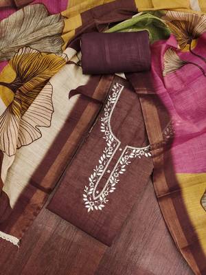 Brown color beautiful and ethnic partywear cotton linen simmer fabric suit 4