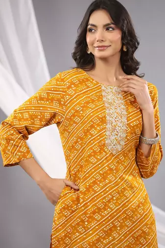 Mustard women bandhani embroidered round neck sequinned kurta