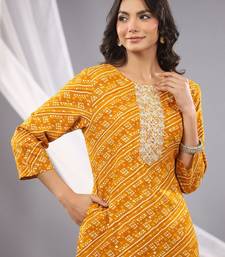 Mustard women bandhani embroidered round neck sequinned kurta