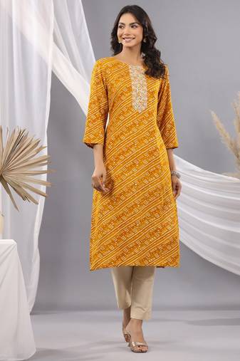 Mustard women bandhani embroidered round neck sequinned kurta