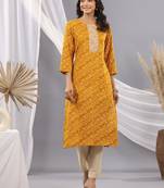 Mustard women bandhani embroidered round neck sequinned kurta