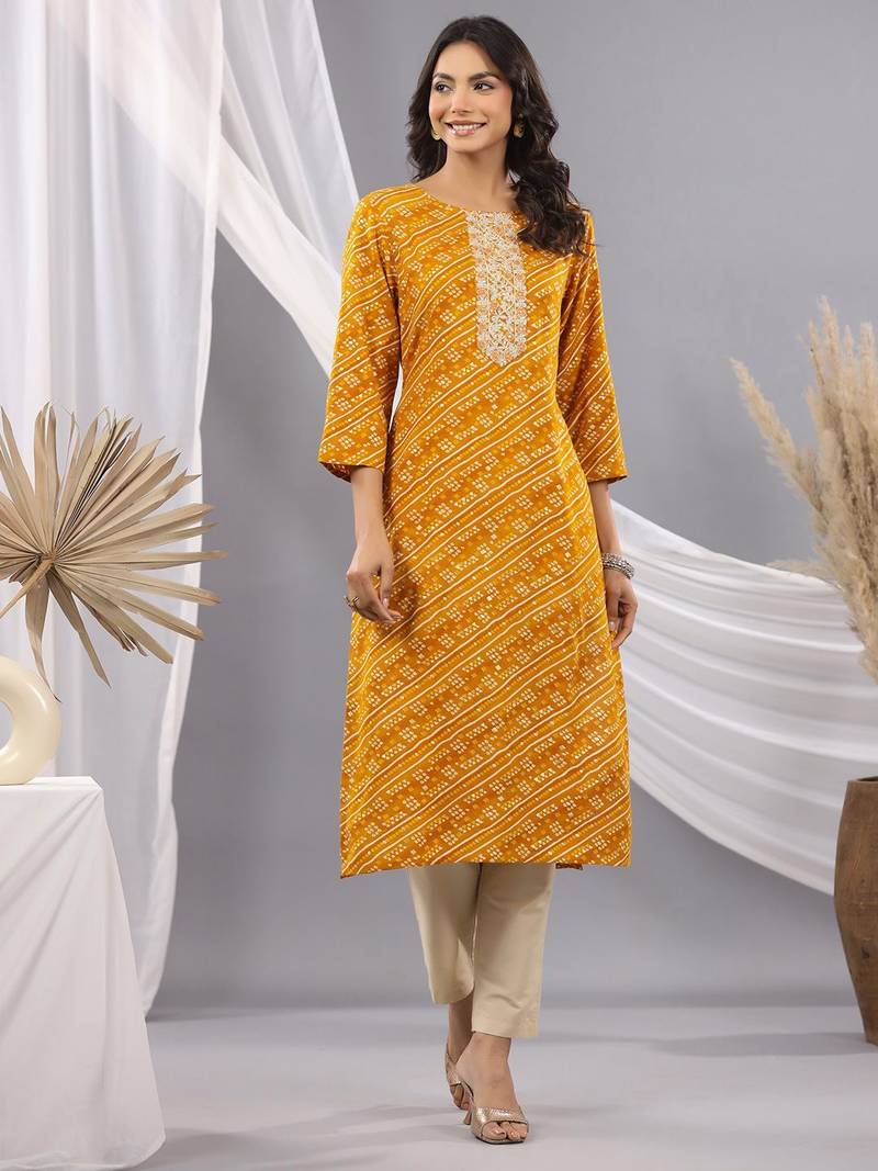 Mustard women bandhani embroidered round neck sequinned kurta