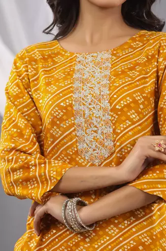 Mustard women bandhani embroidered round neck sequinned kurta