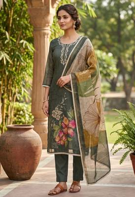 Grey color beautiful and ethnic partywear cotton linen simmer fabric suit 1