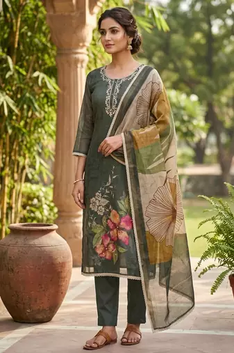 Grey color beautiful and ethnic partywear cotton linen simmer fabric suit