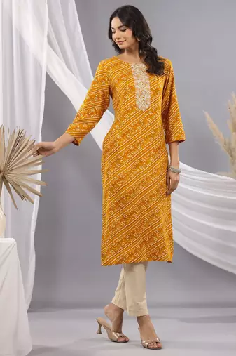 Mustard women bandhani embroidered round neck sequinned kurta