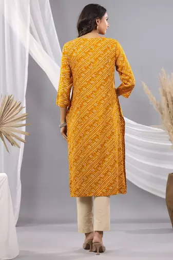 Mustard women bandhani embroidered round neck sequinned kurta