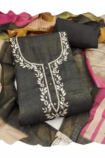 Grey color beautiful and ethnic partywear cotton linen simmer fabric suit