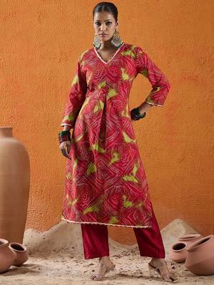 Red bandhani printed v neck gotta patti cotton straight kurta 1