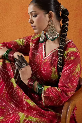 Red bandhani printed v neck gotta patti pure cotton straight kurta