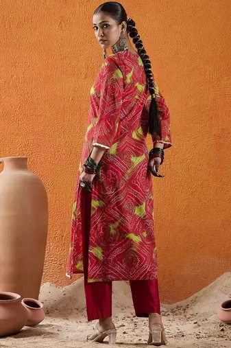 Red bandhani printed v neck gotta patti pure cotton straight kurta