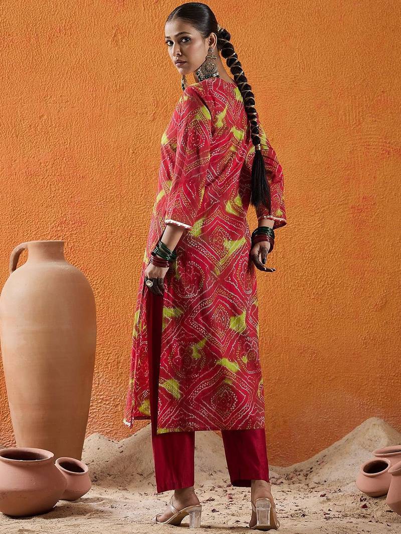 Red bandhani printed v neck gotta patti pure cotton straight kurta