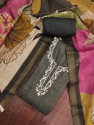 Grey color beautiful and ethnic partywear cotton linen simmer fabric suit 4