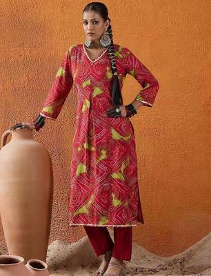Red bandhani printed v neck gotta patti cotton straight kurta 4
