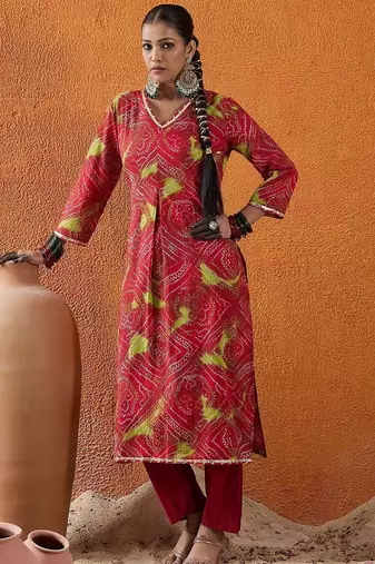 Red bandhani printed v neck gotta patti pure cotton straight kurta