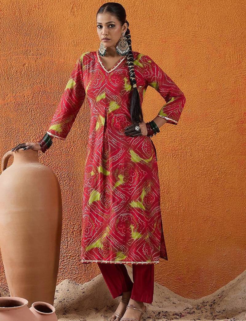 Red bandhani printed v neck gotta patti pure cotton straight kurta