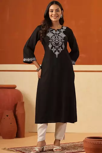 Black women ethnic motifs embroidered thread work kurta