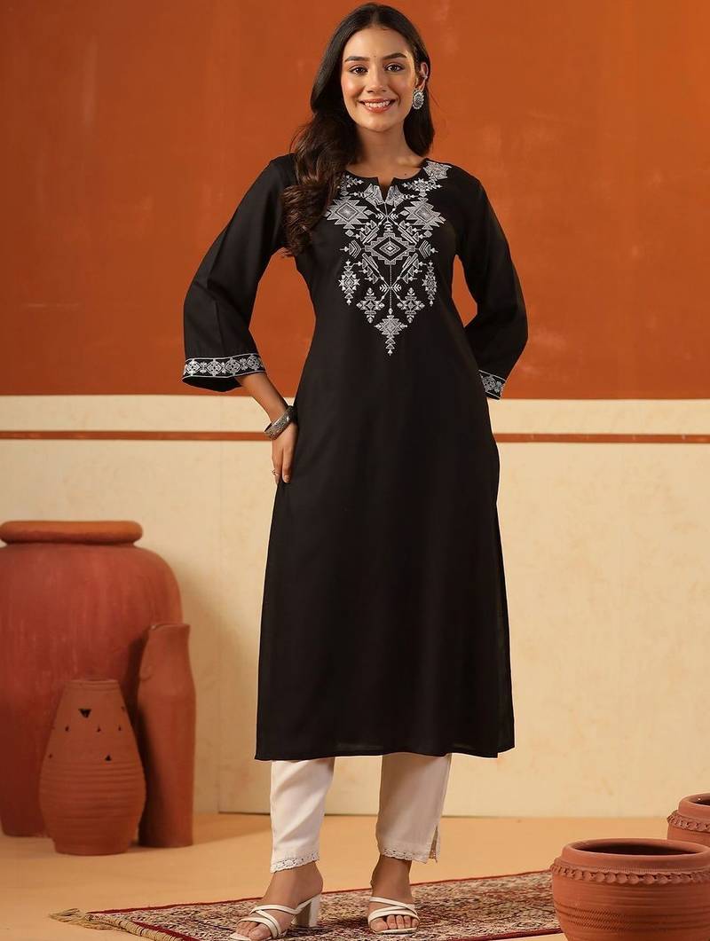 Black women ethnic motifs embroidered thread work kurta