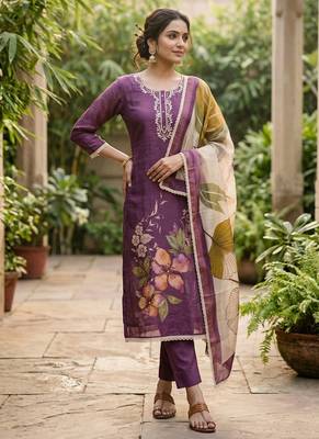 Purple color beautiful and ethnic partywear cotton linen simmer fabric suit 1
