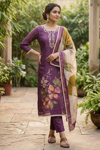 Purple color beautiful and ethnic partywear cotton linen simmer fabric suit