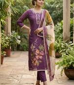 Purple color beautiful and ethnic partywear cotton linen simmer fabric suit